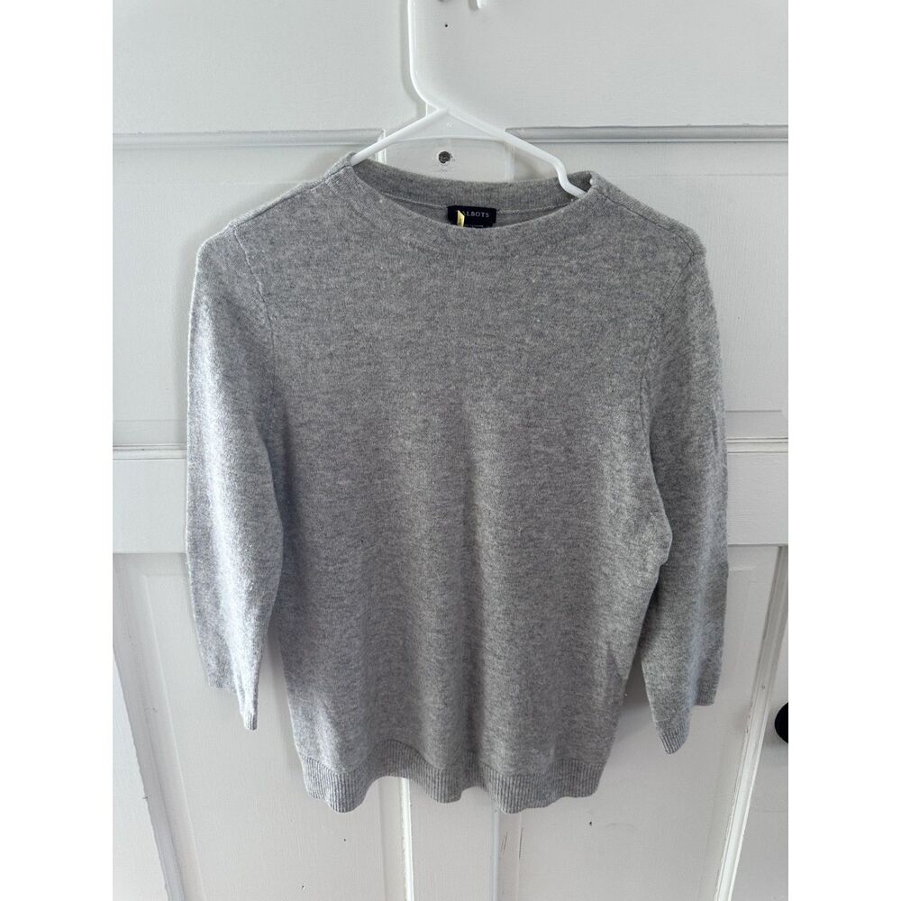 Talbots Pure Cashmere Gray Crewneck Sweater Women’s Medium M 3/4 Sleeve